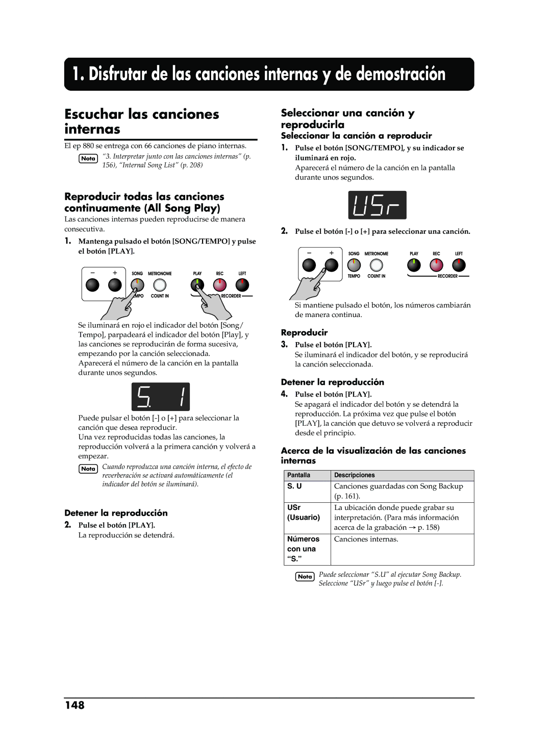 Roland EP-880 owner manual Escuchar las canciones internas, Reproducir todas las canciones continuamente All Song Play, 148 