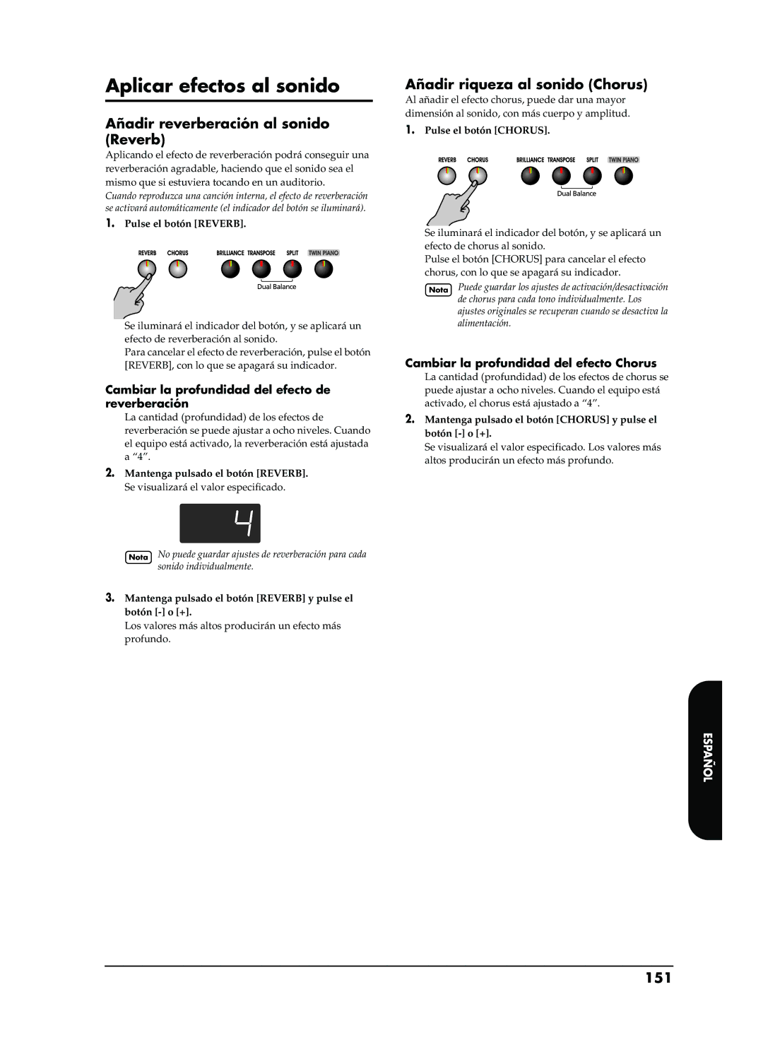 Roland EP-880 Aplicar efectos al sonido, Añadir reverberación al sonido Reverb, Añadir riqueza al sonido Chorus, 151 