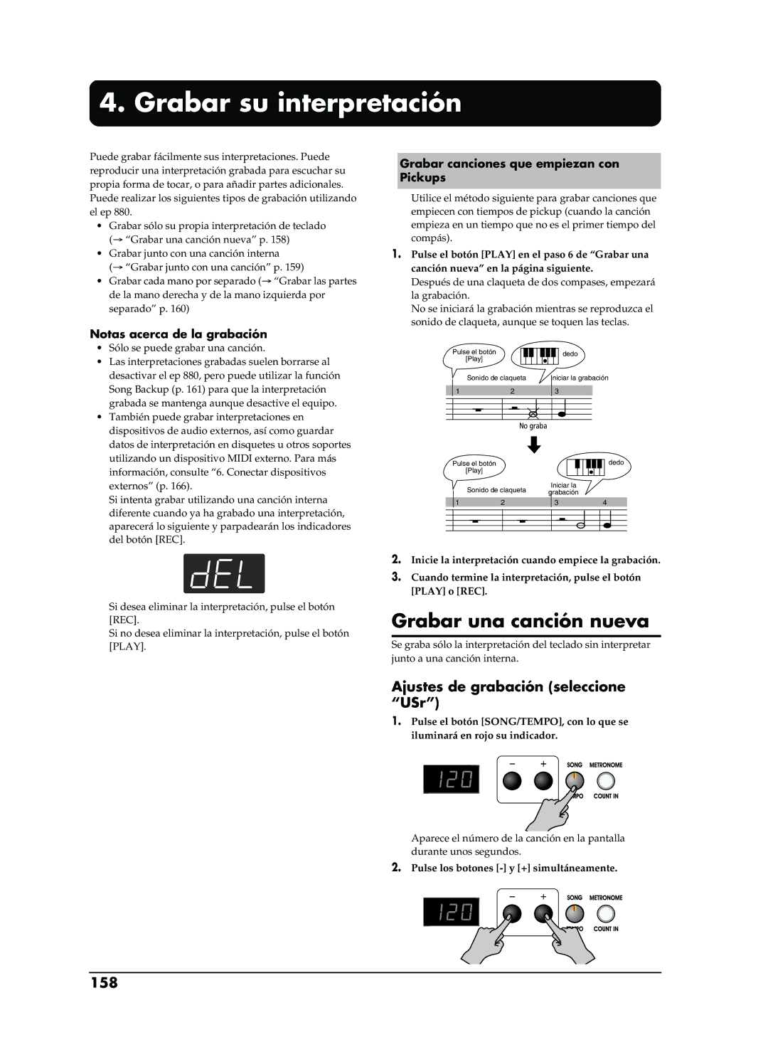 Roland EP-880 owner manual Grabar su interpretación, Grabar una canción nueva, Ajustes de grabación seleccione USr, 158 