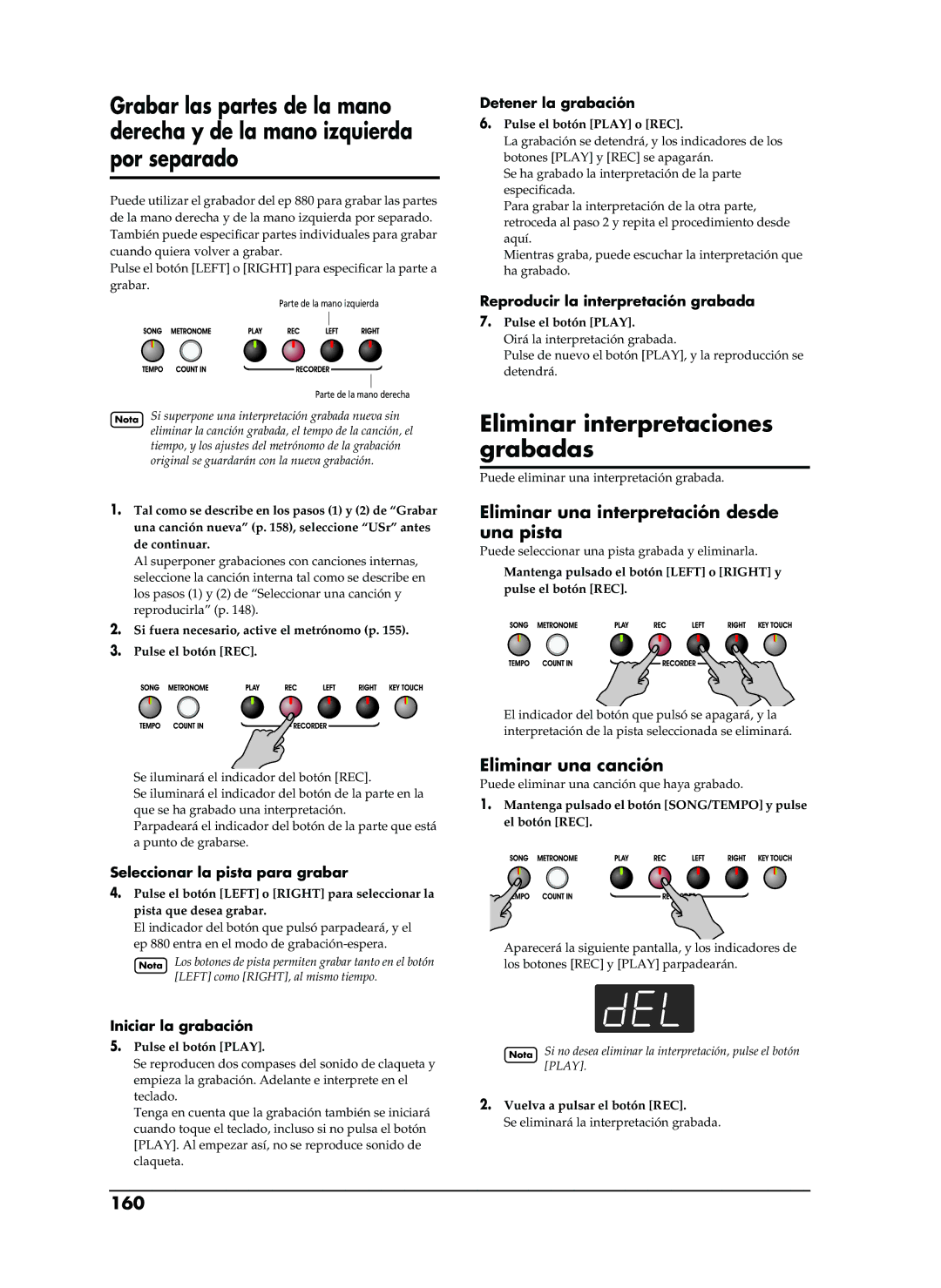 Roland EP-880 Eliminar interpretaciones grabadas, Eliminar una interpretación desde una pista, Eliminar una canción, 160 