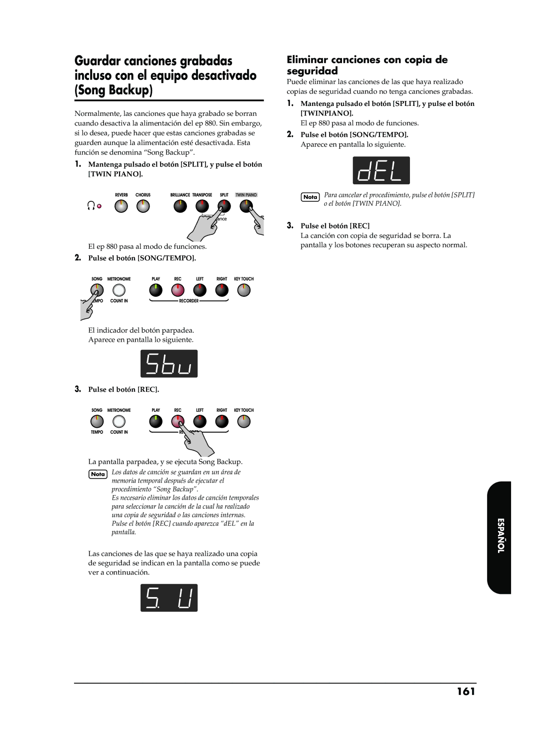 Roland EP-880 owner manual Eliminar canciones con copia de seguridad, 161, Pulse el botón SONG/TEMPO 