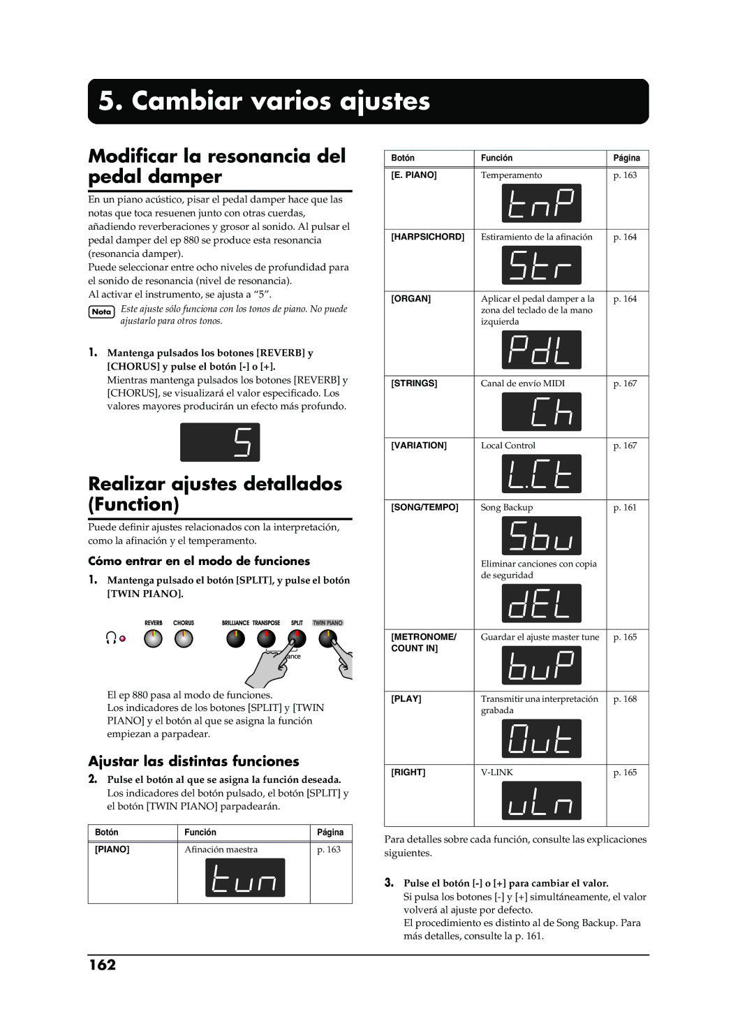 Roland EP-880 Cambiar varios ajustes, Modificar la resonancia del pedal damper, Realizar ajustes detallados Function, 162 