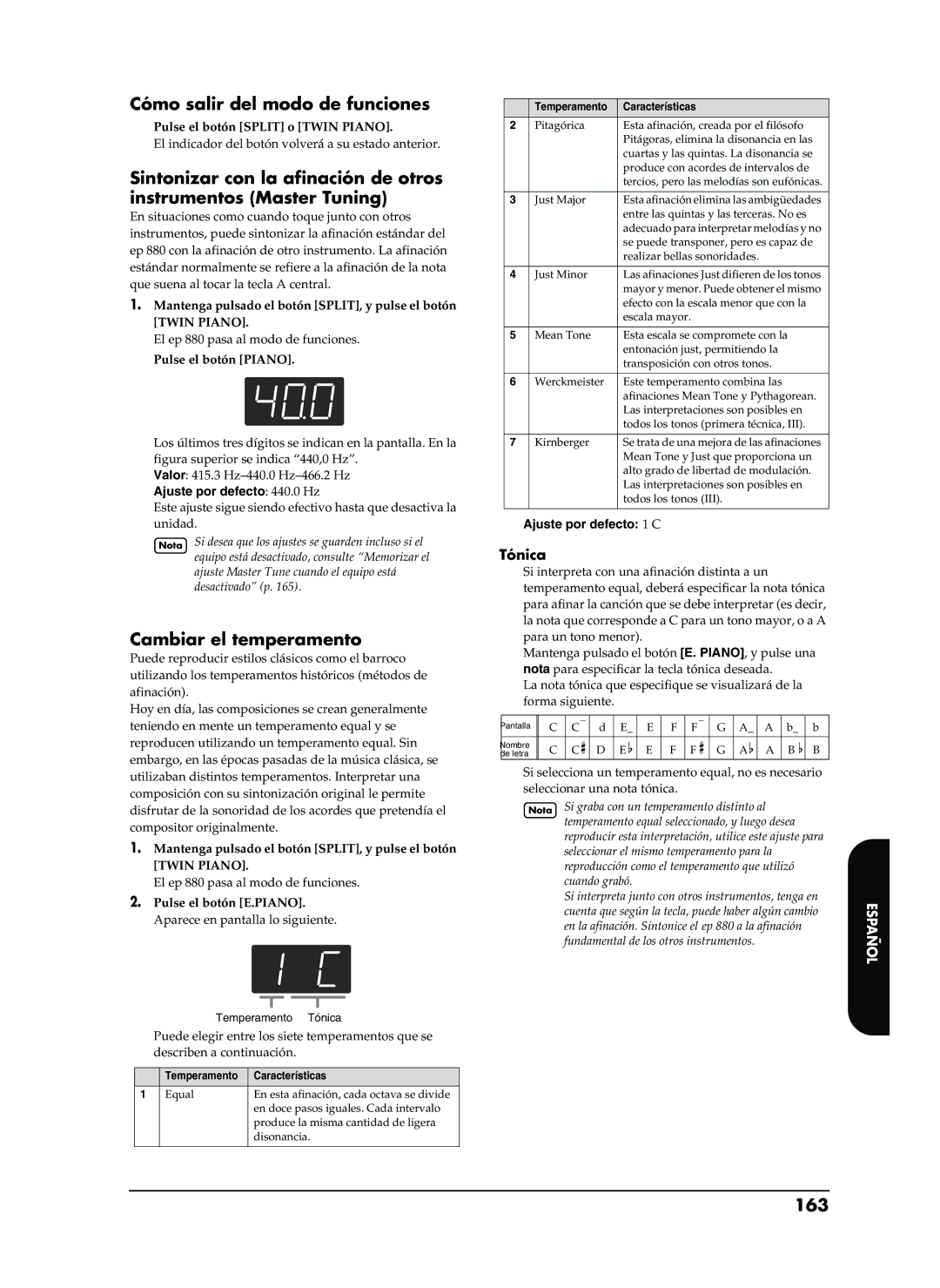 Roland EP-880 owner manual Cómo salir del modo de funciones, Cambiar el temperamento, 163, Tónica 