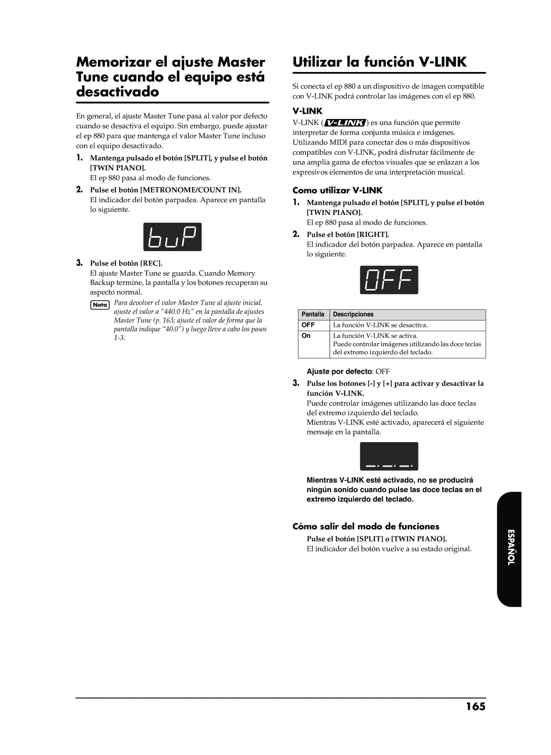 Roland EP-880 owner manual Utilizar la función V-LINK, 165, Como utilizar V-LINK, Pulse el botón Right 