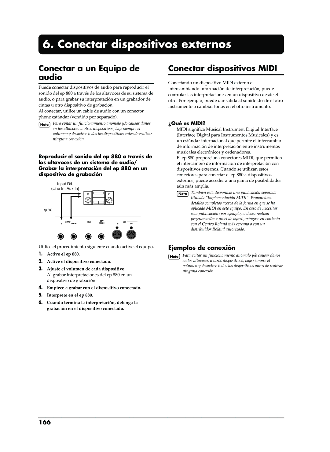 Roland EP-880 owner manual Conectar dispositivos externos, Conectar a un Equipo de audio, Conectar dispositivos Midi, 166 