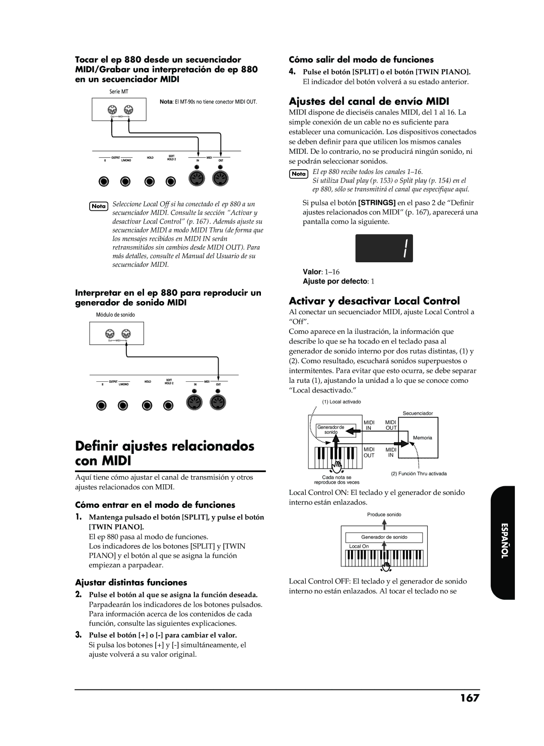 Roland EP-880 Definir ajustes relacionados con Midi, Ajustes del canal de envío Midi, Activar y desactivar Local Control 