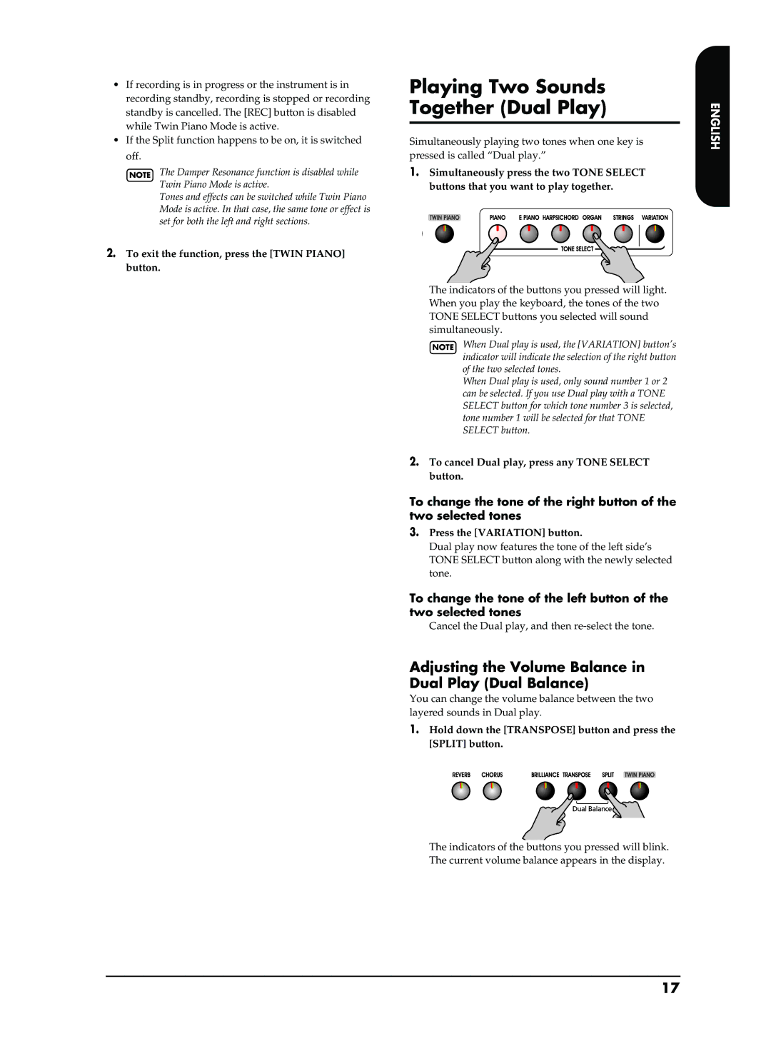 Roland EP-880 owner manual Playing Two Sounds Together Dual Play, Adjusting the Volume Balance in Dual Play Dual Balance 