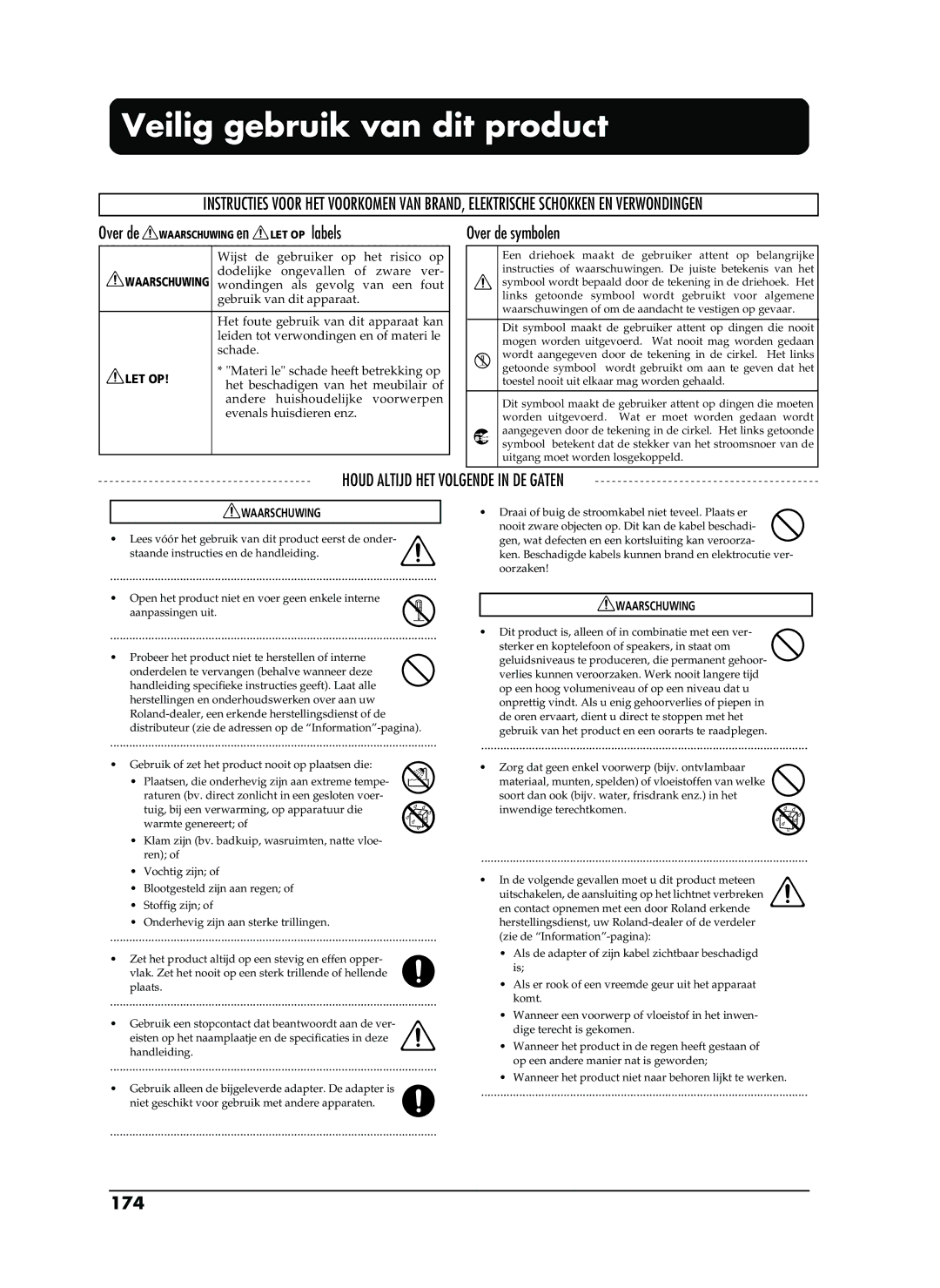 Roland EP-880 owner manual Veilig gebruik van dit product, 174 