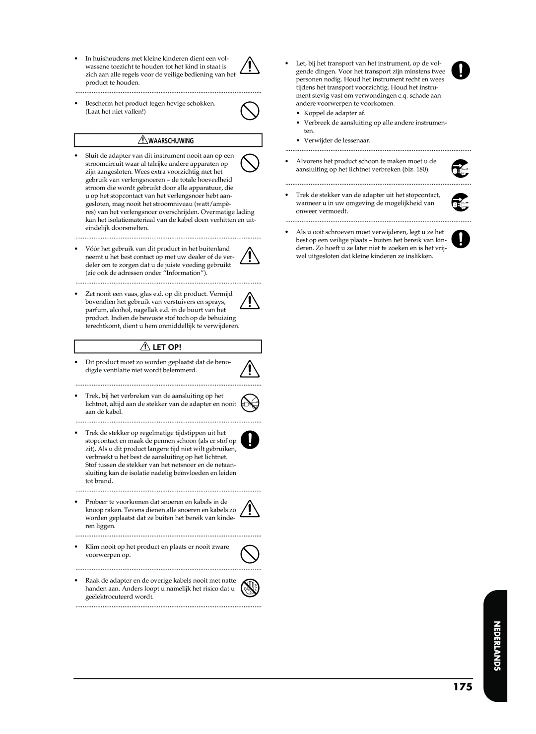 Roland EP-880 owner manual 175, Let Op 