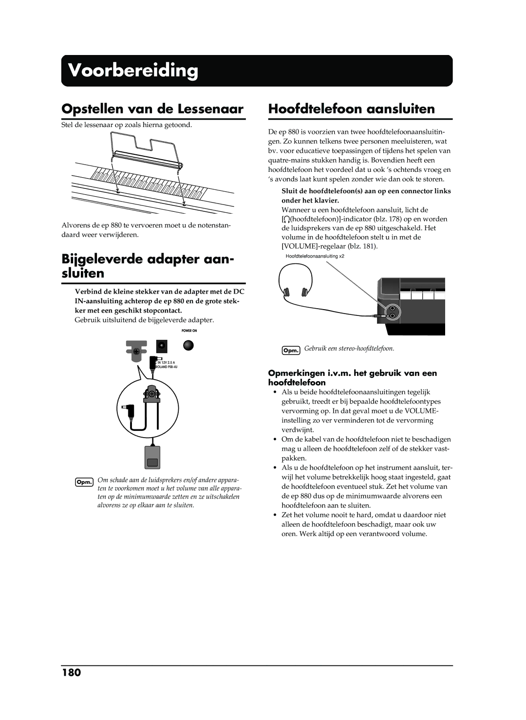 Roland EP-880 Voorbereiding, Opstellen van de Lessenaar, Bijgeleverde adapter aan- sluiten, Hoofdtelefoon aansluiten, 180 