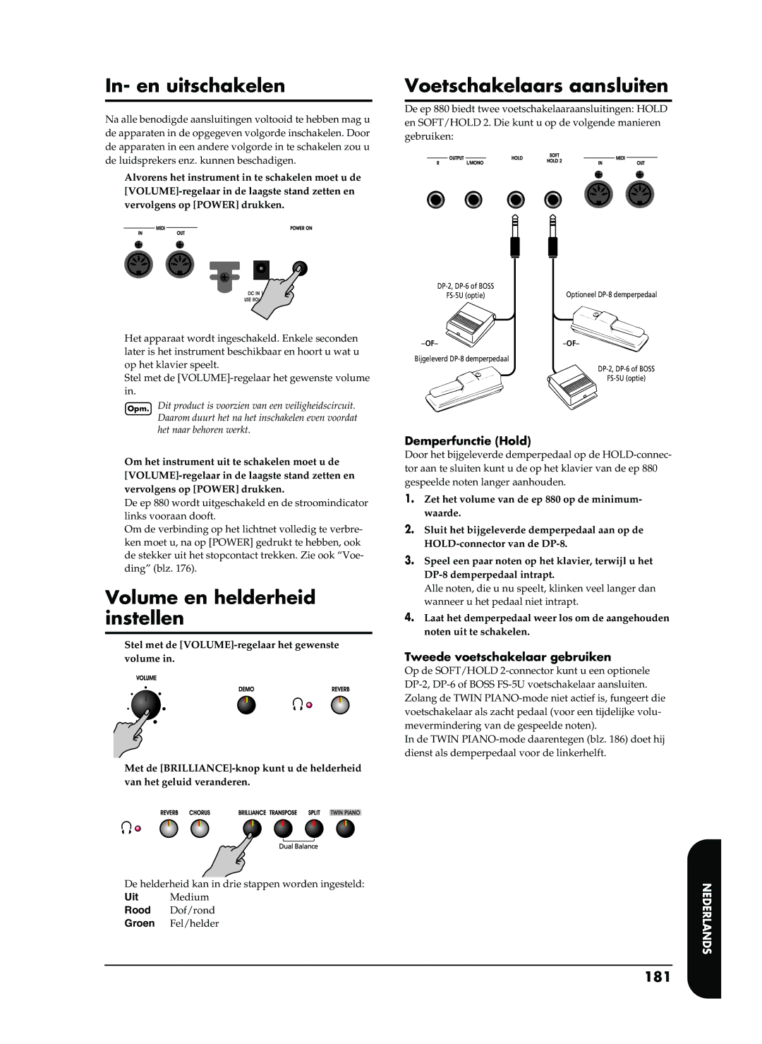 Roland EP-880 owner manual In- en uitschakelen, Volume en helderheid instellen, Voetschakelaars aansluiten, 181 