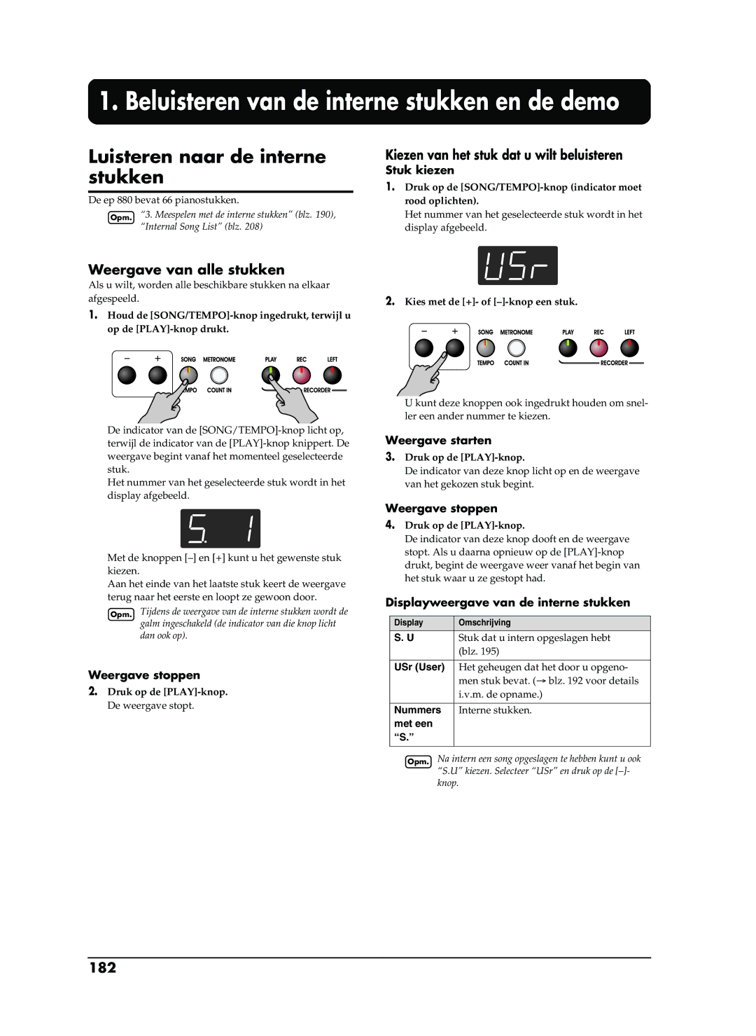 Roland EP-880 Beluisteren van de interne stukken en de demo, Luisteren naar de interne stukken, Weergave van alle stukken 