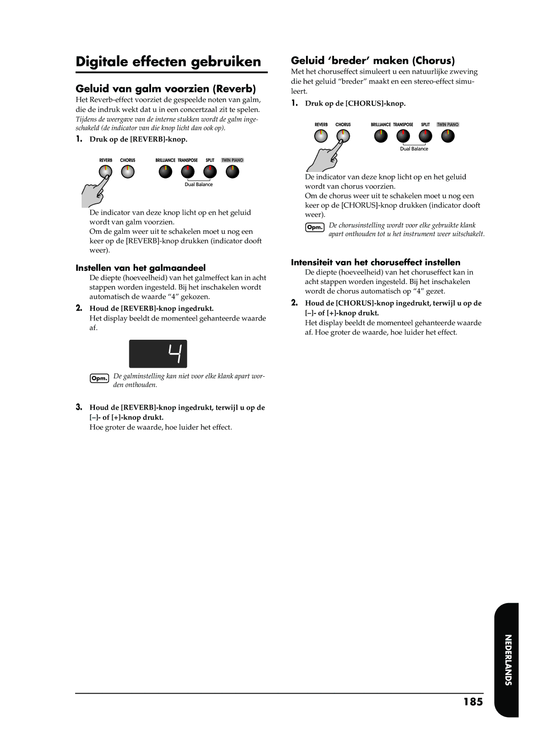 Roland EP-880 owner manual Digitale effecten gebruiken, Geluid van galm voorzien Reverb, Geluid ‘breder’ maken Chorus, 185 