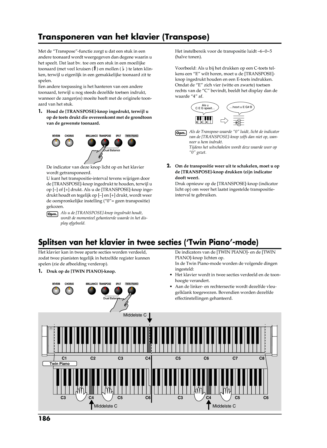 Roland EP-880 Transponeren van het klavier Transpose, Splitsen van het klavier in twee secties ‘Twin Piano’-mode, 186 