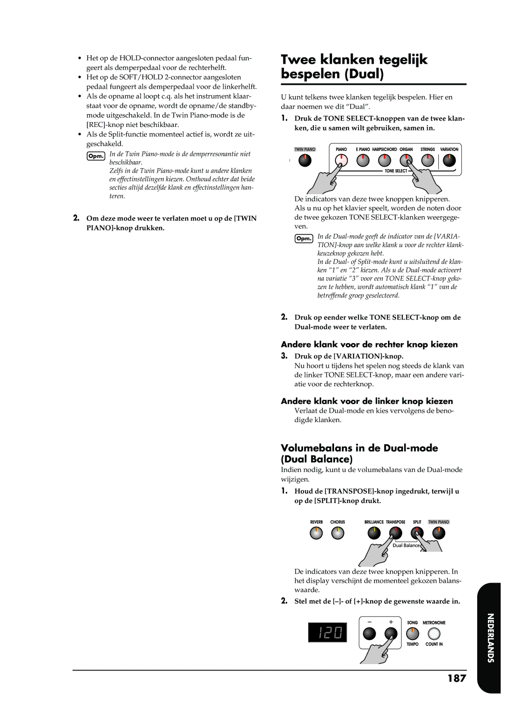 Roland EP-880 owner manual Twee klanken tegelijk bespelen Dual, Volumebalans in de Dual-mode Dual Balance, 187 