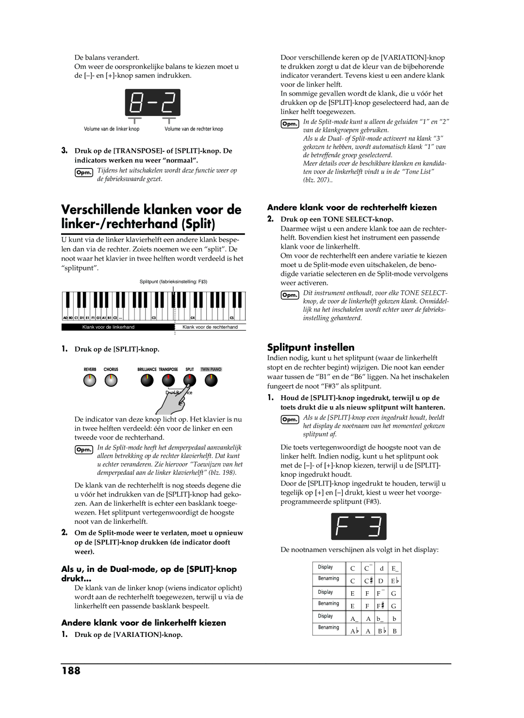 Roland EP-880 owner manual Verschillende klanken voor de linker-/rechterhand Split, Splitpunt instellen, 188 