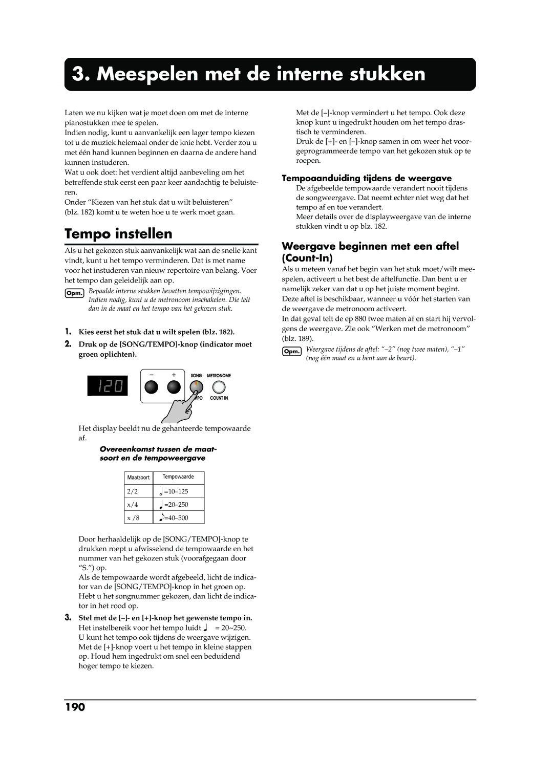 Roland EP-880 owner manual Meespelen met de interne stukken, Tempo instellen, Weergave beginnen met een aftel Count-In, 190 