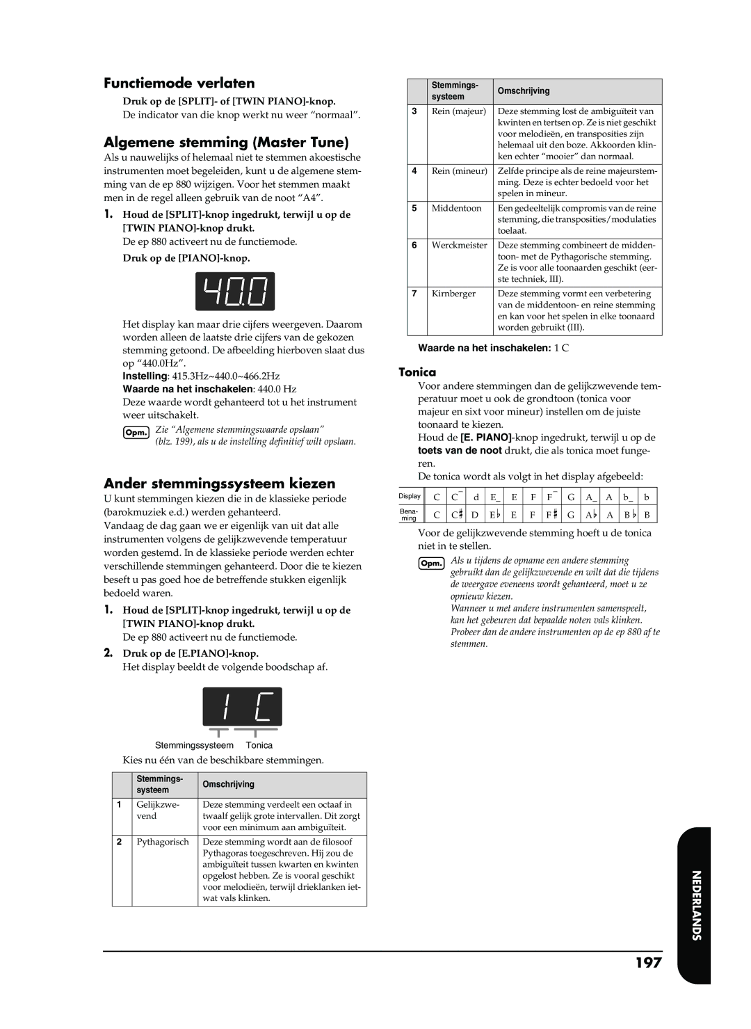 Roland EP-880 owner manual Functiemode verlaten, Algemene stemming Master Tune, Ander stemmingssysteem kiezen, 197 