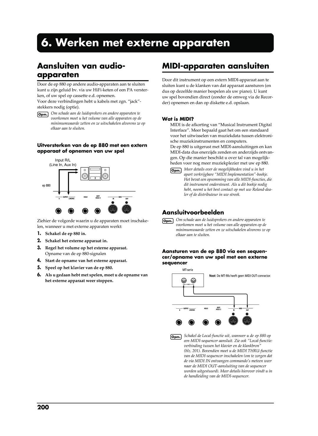 Roland EP-880 owner manual Werken met externe apparaten, Aansluiten van audio- apparaten, MIDI-apparaten aansluiten, 200 