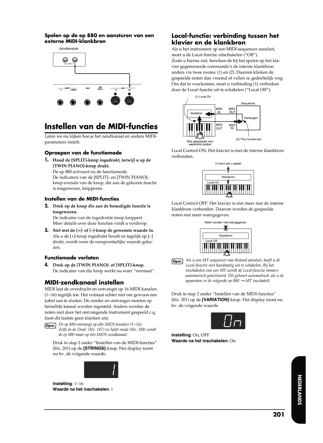 Roland EP-880 owner manual Instellen van de MIDI-functies, MIDI-zendkanaal instellen, 201 