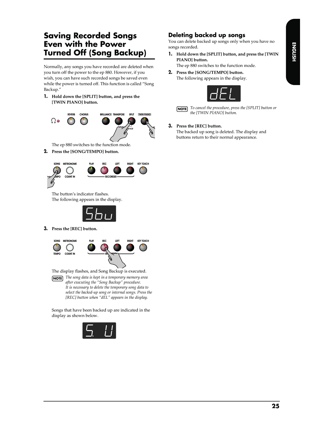 Roland EP-880 owner manual Deleting backed up songs, Hold down the Split button, and press the Twin Piano button 