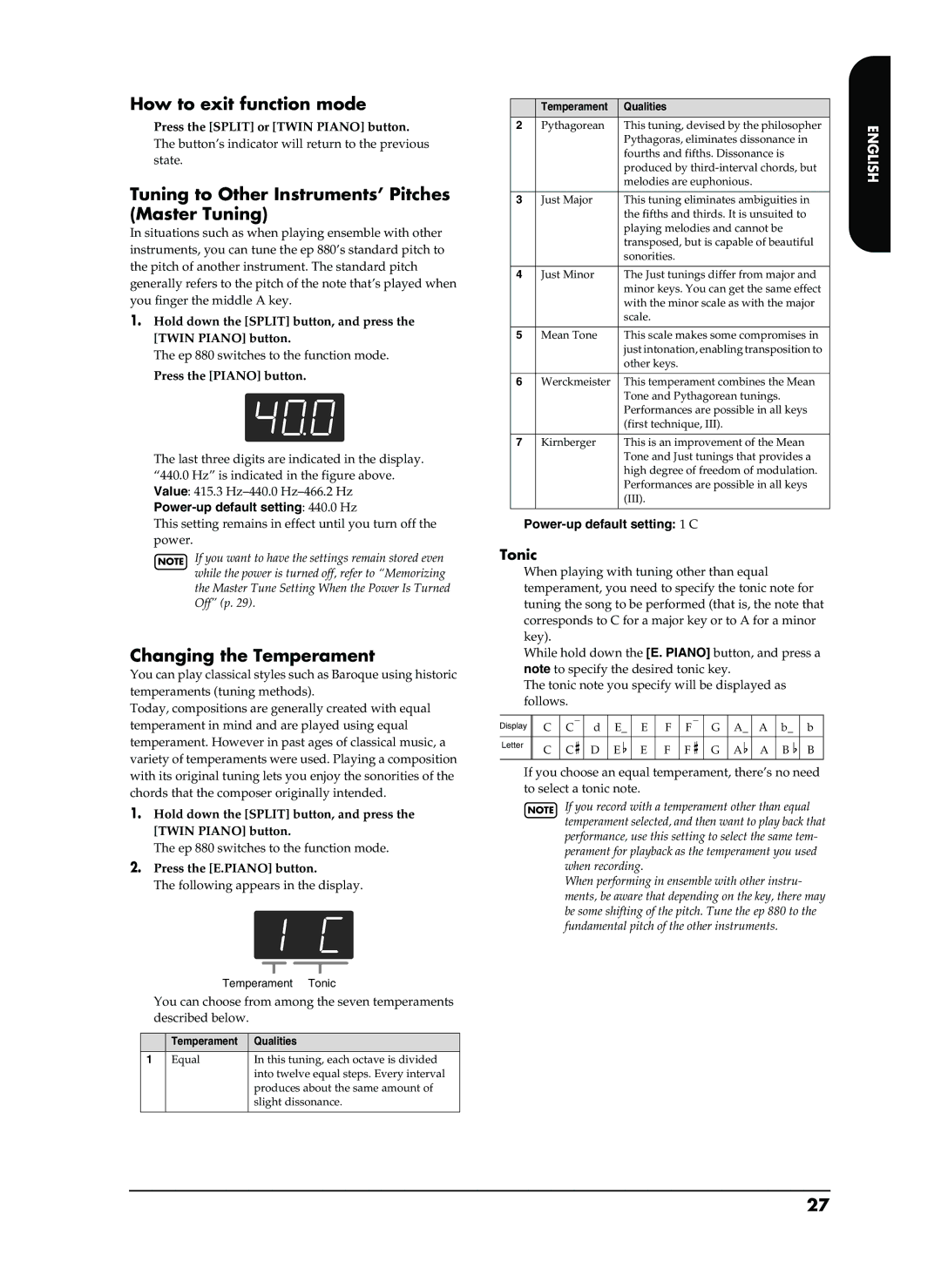 Roland EP-880 How to exit function mode, Tuning to Other Instruments’ Pitches Master Tuning, Changing the Temperament 