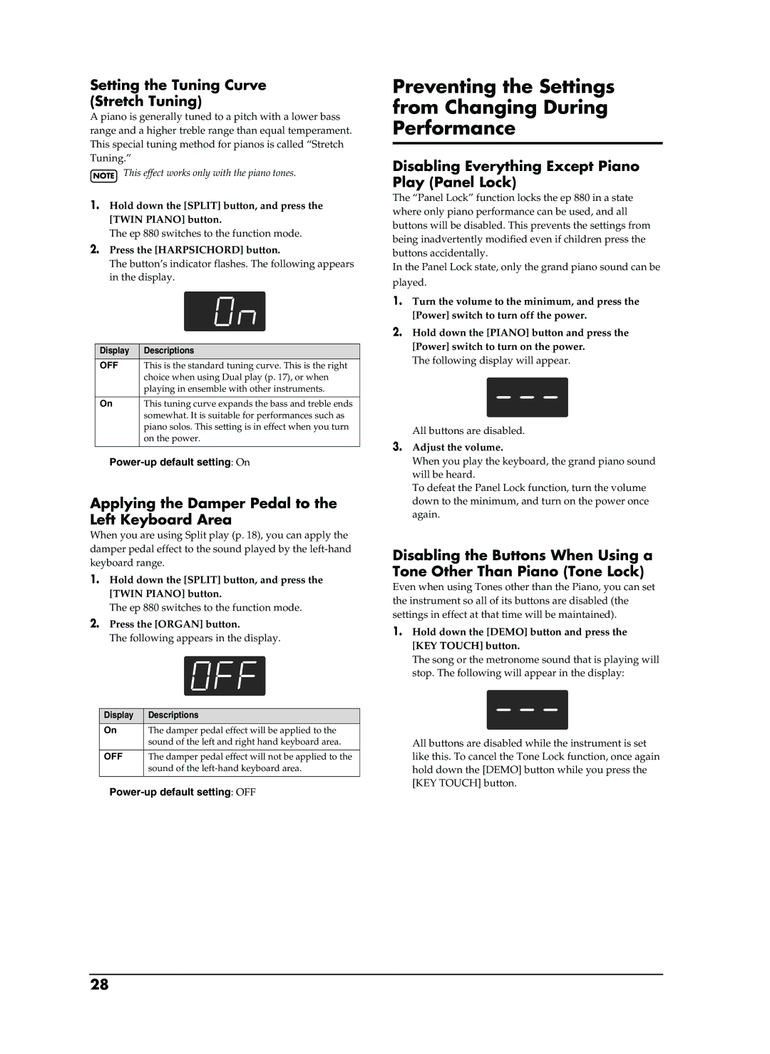 Roland EP-880 Preventing the Settings from Changing During Performance, Setting the Tuning Curve Stretch Tuning 