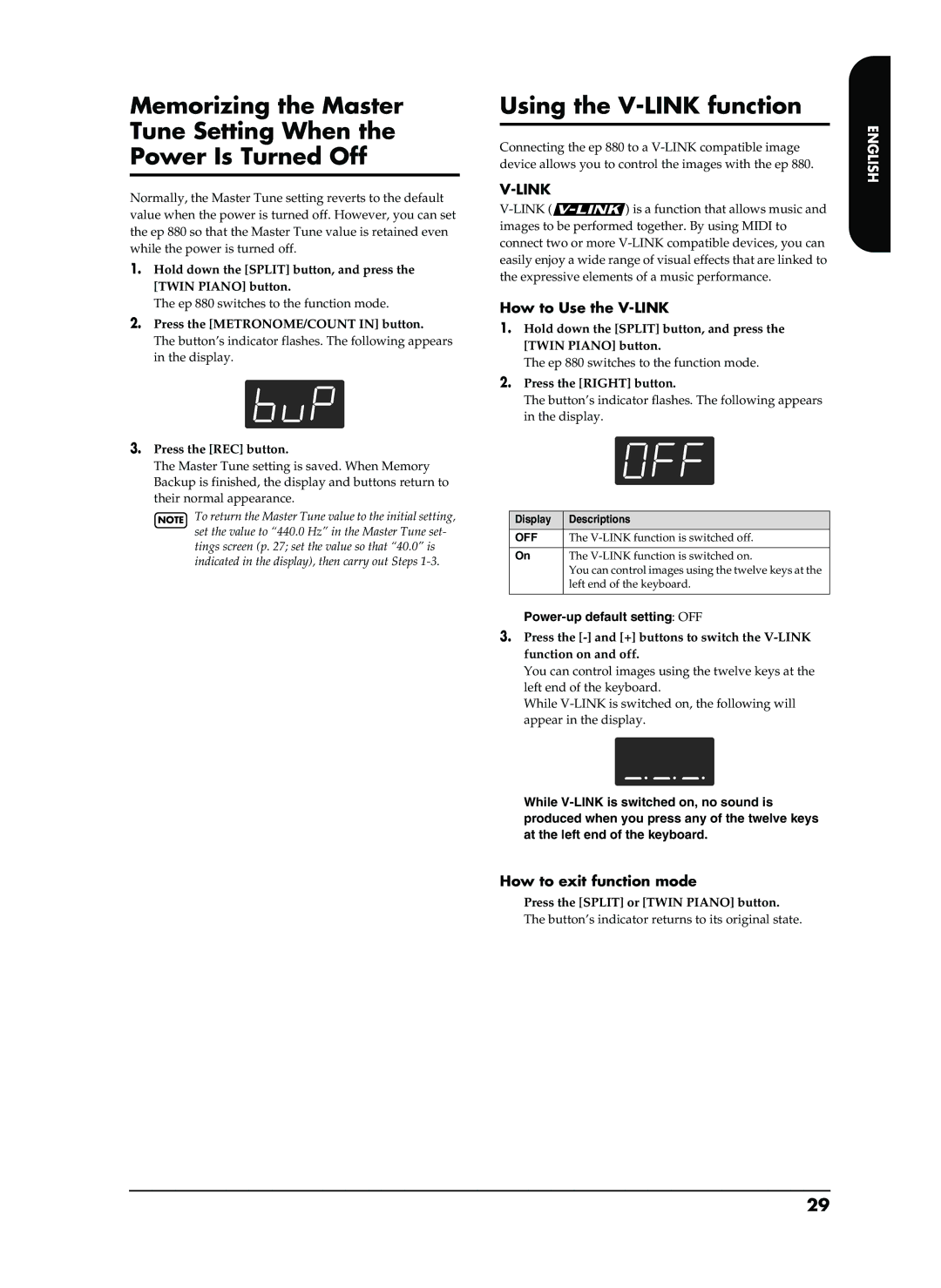 Roland EP-880 owner manual Memorizing the Master Tune Setting When Power Is Turned Off, Using the V-LINK function 