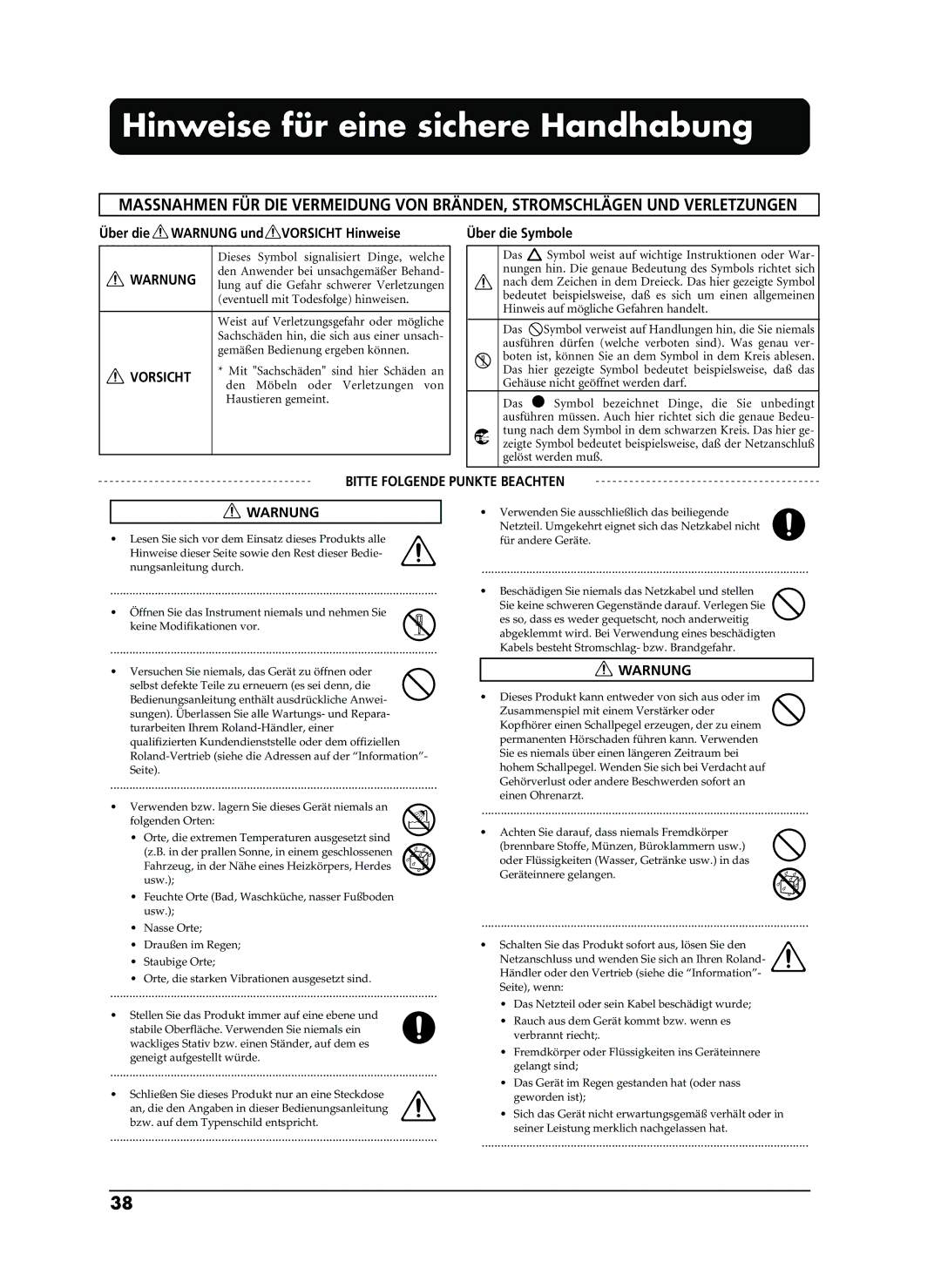 Roland EP-880 owner manual Hinweise für eine sichere Handhabung, Über die Warnung und Vorsicht Hinweise, Über die Symbole 