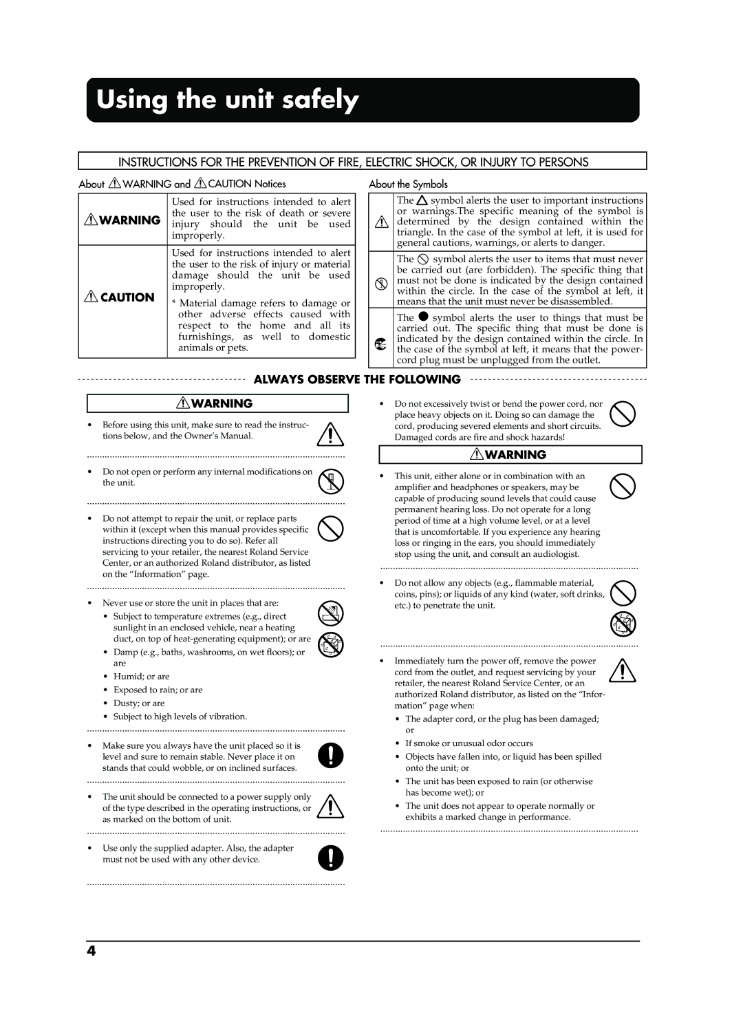 Roland EP-880 owner manual Using the unit safely 