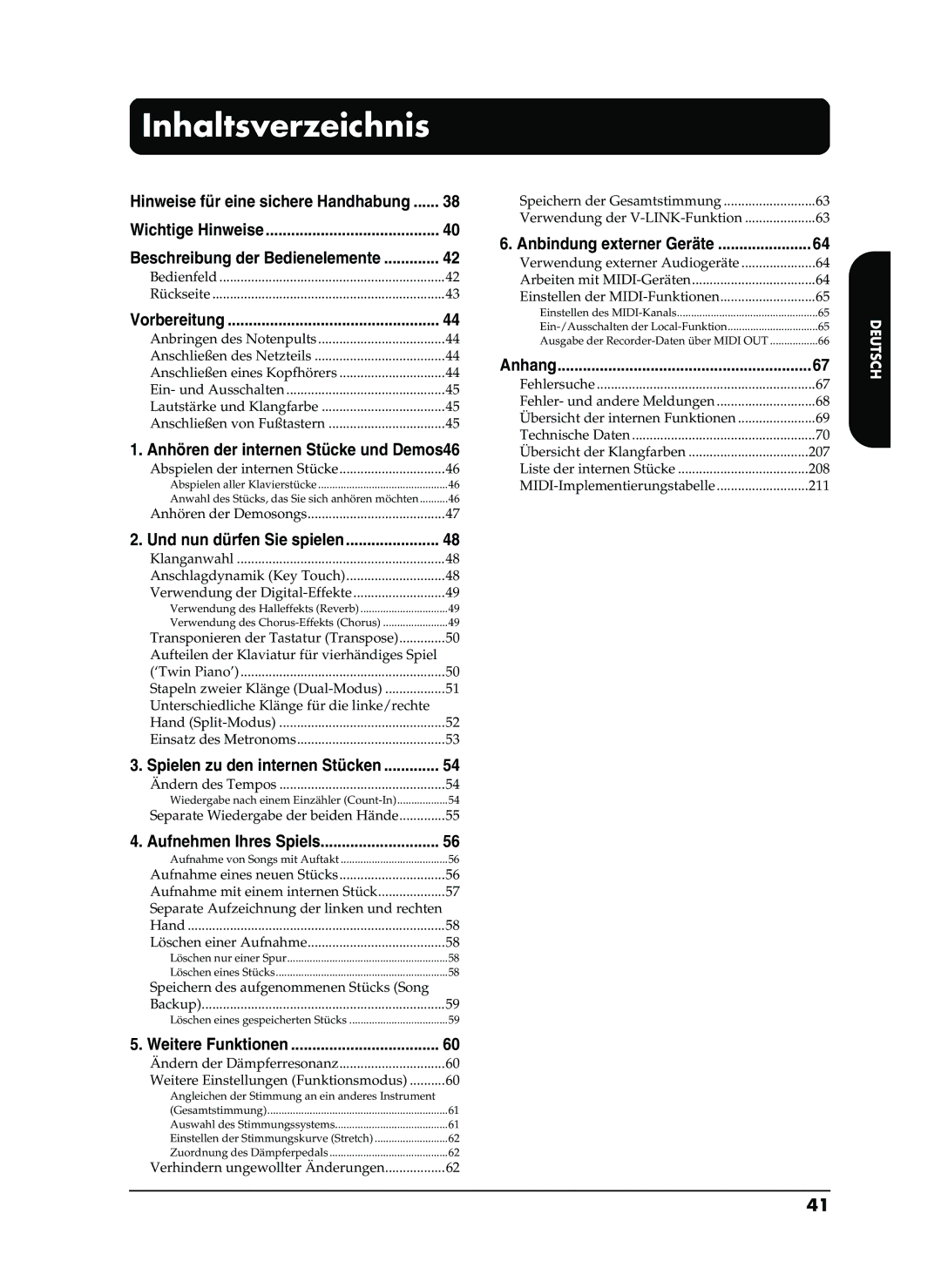 Roland EP-880 owner manual Inhaltsverzeichnis, Vorbereitung 