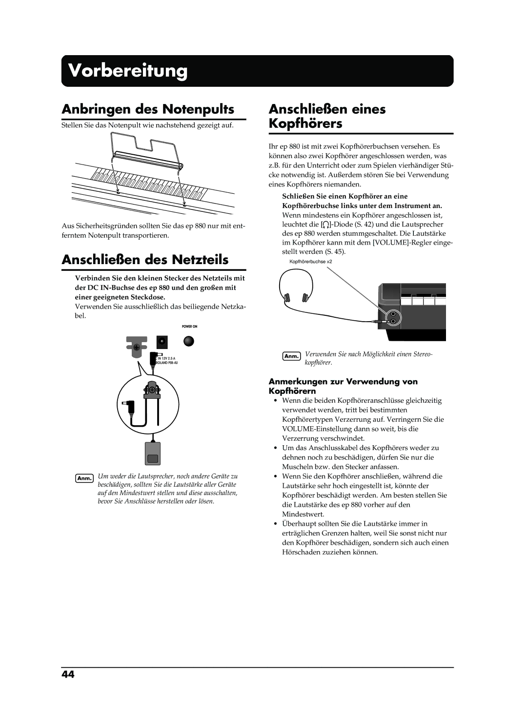 Roland EP-880 owner manual Vorbereitung, Anbringen des Notenpults, Anschließen des Netzteils, Anschließen eines Kopfhörers 