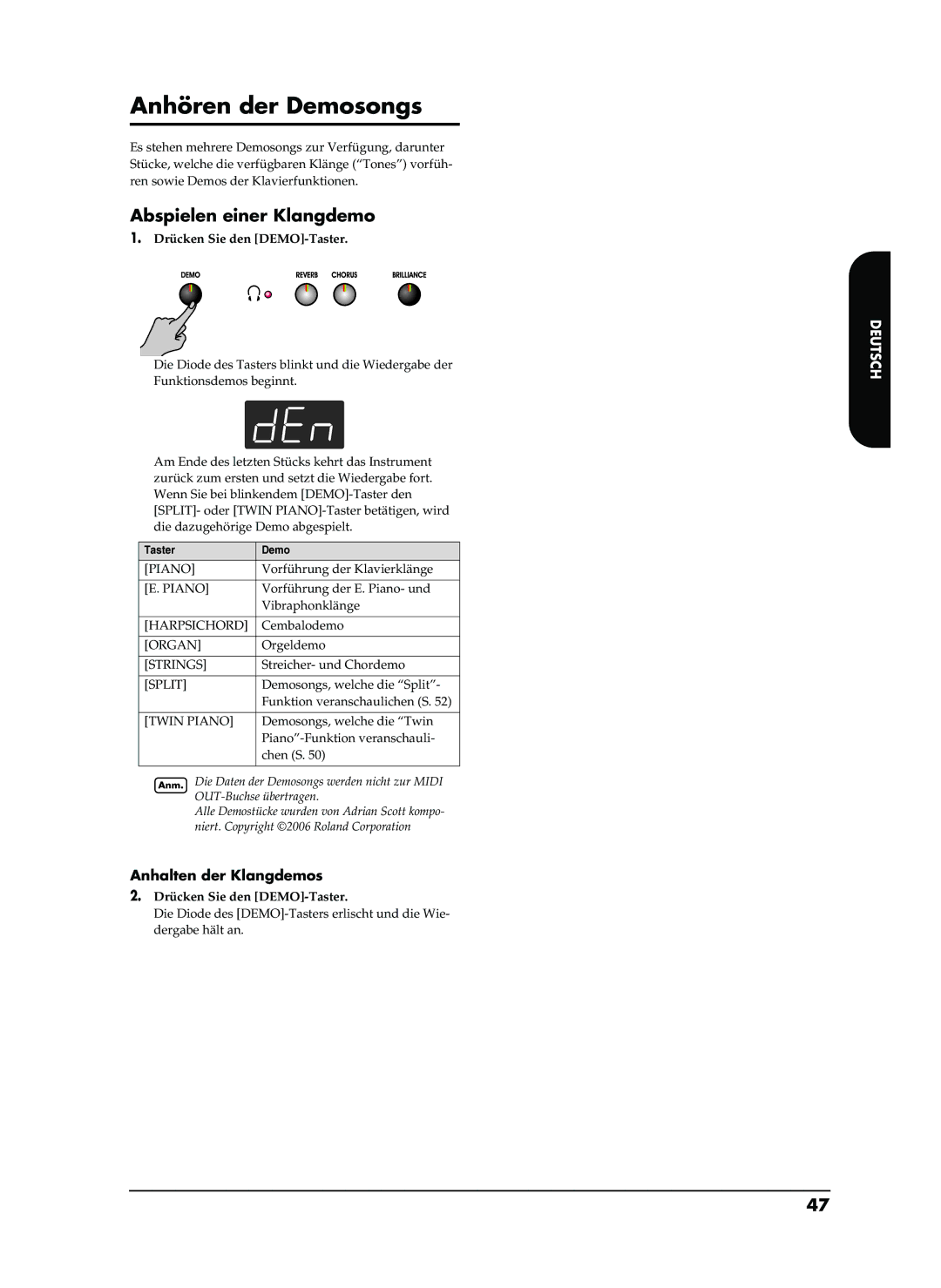 Roland EP-880 Anhören der Demosongs, Abspielen einer Klangdemo, Anhalten der Klangdemos, Drücken Sie den DEMO-Taster 