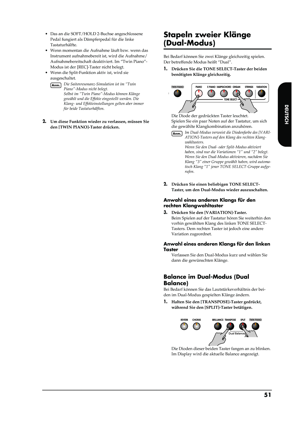 Roland EP-880 owner manual Stapeln zweier Klänge Dual-Modus, Balance im Dual-Modus Dual Balance 