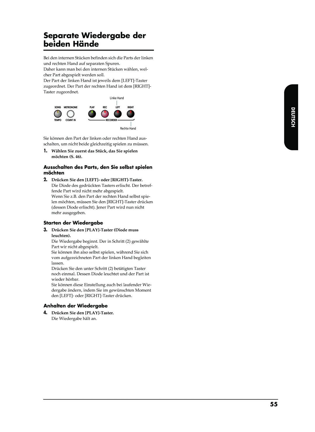 Roland EP-880 owner manual Separate Wiedergabe der beiden Hände, Ausschalten des Parts, den Sie selbst spielen möchten 