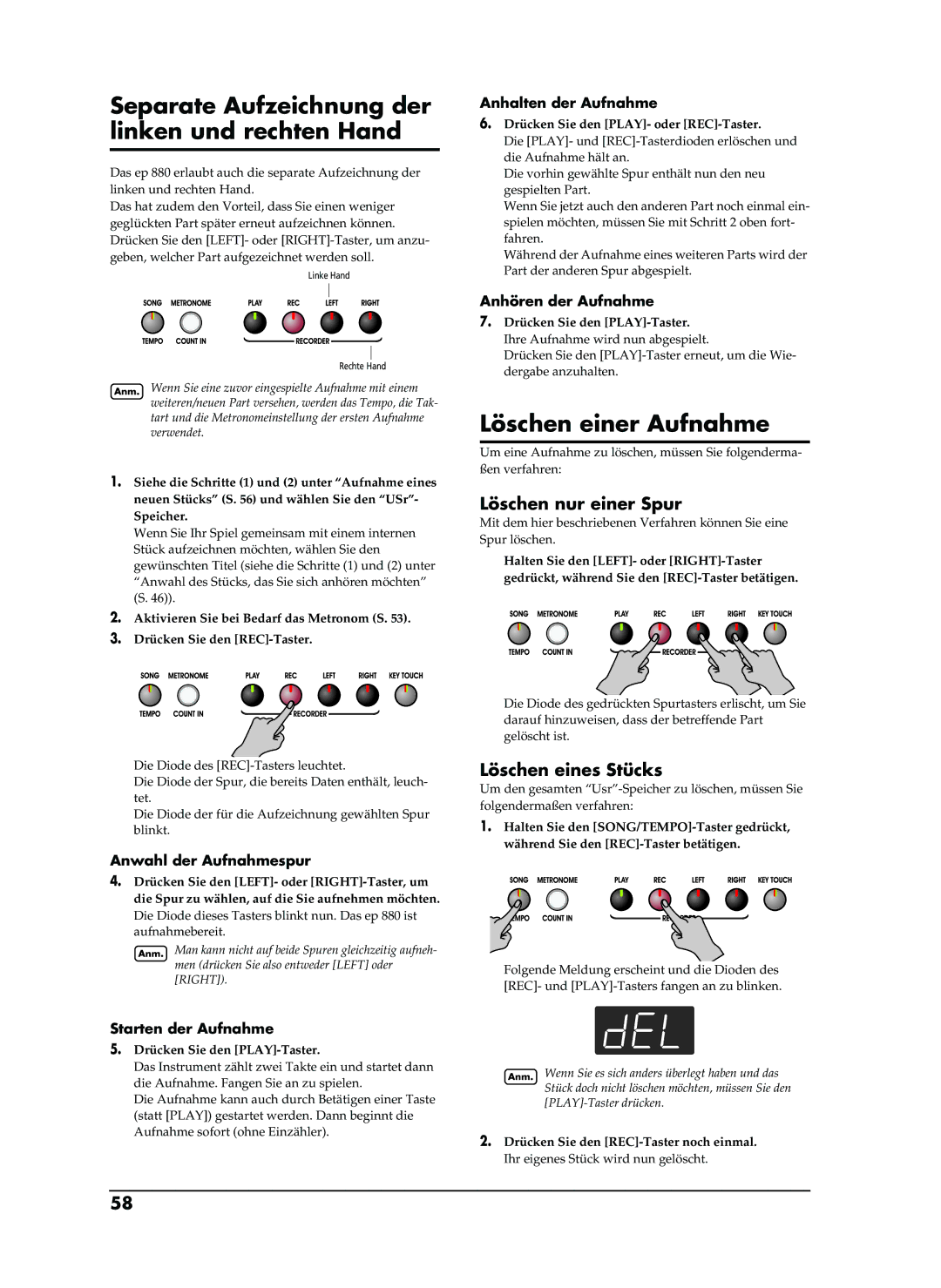 Roland EP-880 Separate Aufzeichnung der linken und rechten Hand, Löschen einer Aufnahme, Löschen nur einer Spur 