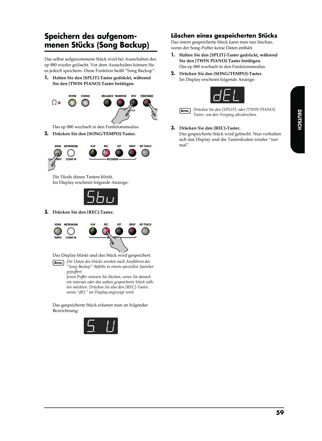 Roland EP-880 owner manual Löschen eines gespeicherten Stücks, Drücken Sie den SONG/TEMPO-Taster 