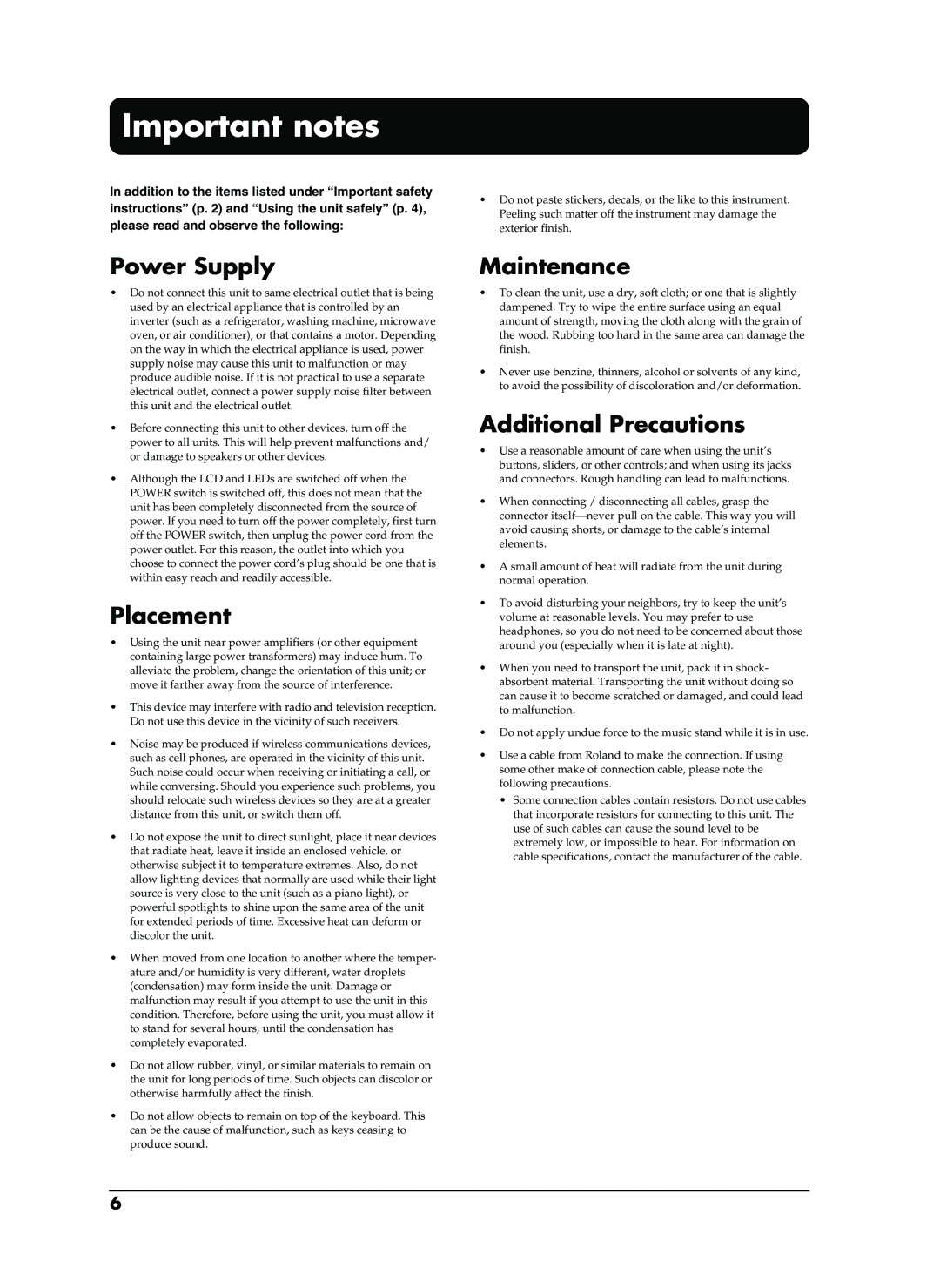 Roland EP-880 owner manual Important notes, Power Supply, Placement, Maintenance, Additional Precautions 