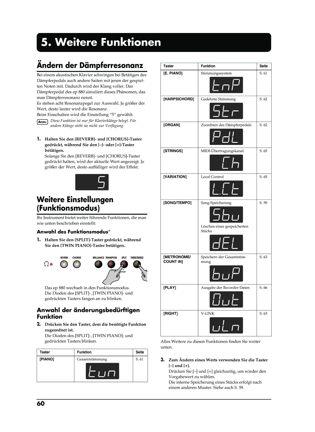 Roland EP-880 owner manual Weitere Funktionen, Ändern der Dämpferresonanz, Weitere Einstellungen Funktionsmodus 