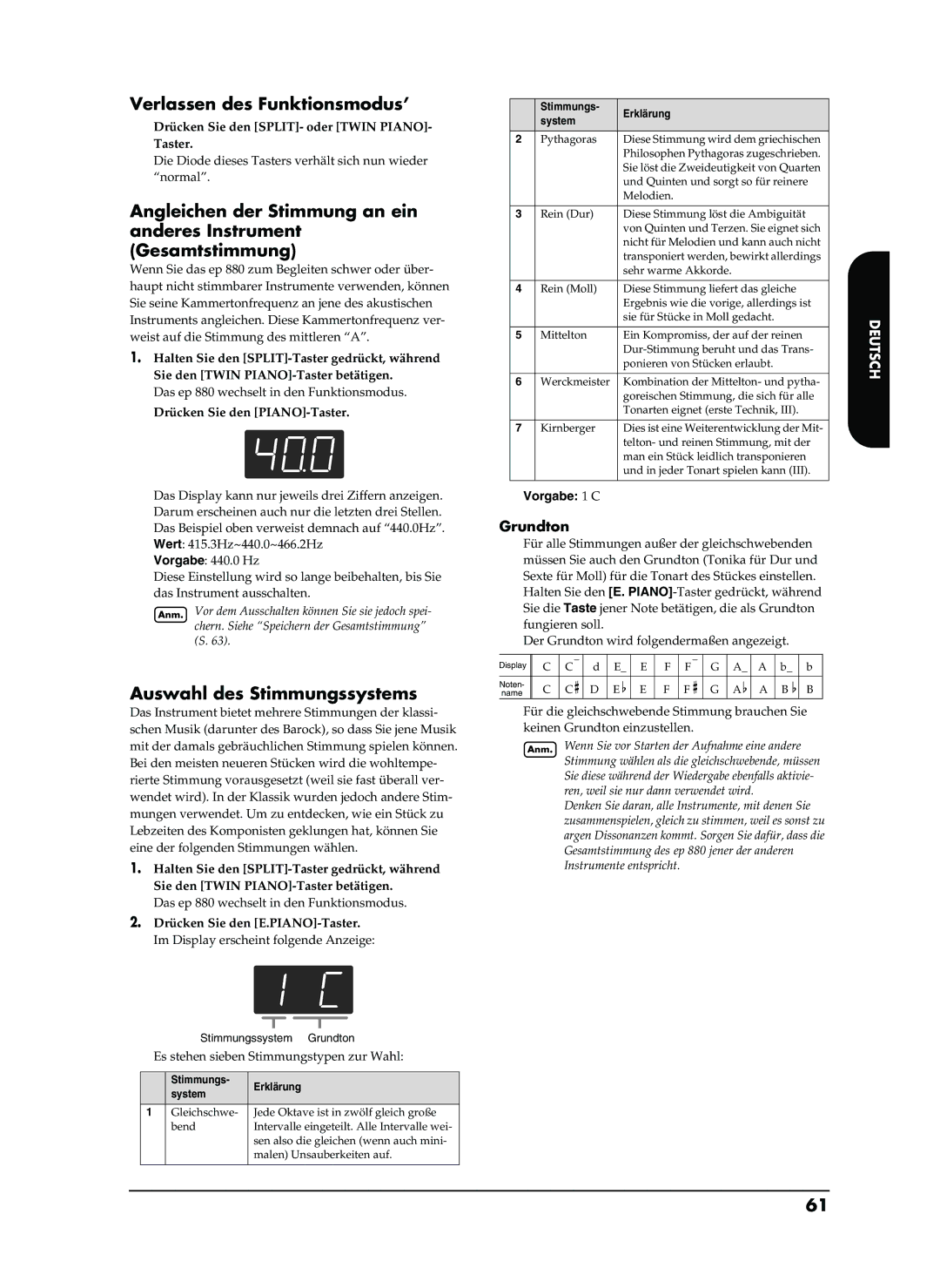 Roland EP-880 owner manual Verlassen des Funktionsmodus’, Auswahl des Stimmungssystems, Grundton, Vorgabe 1 C 