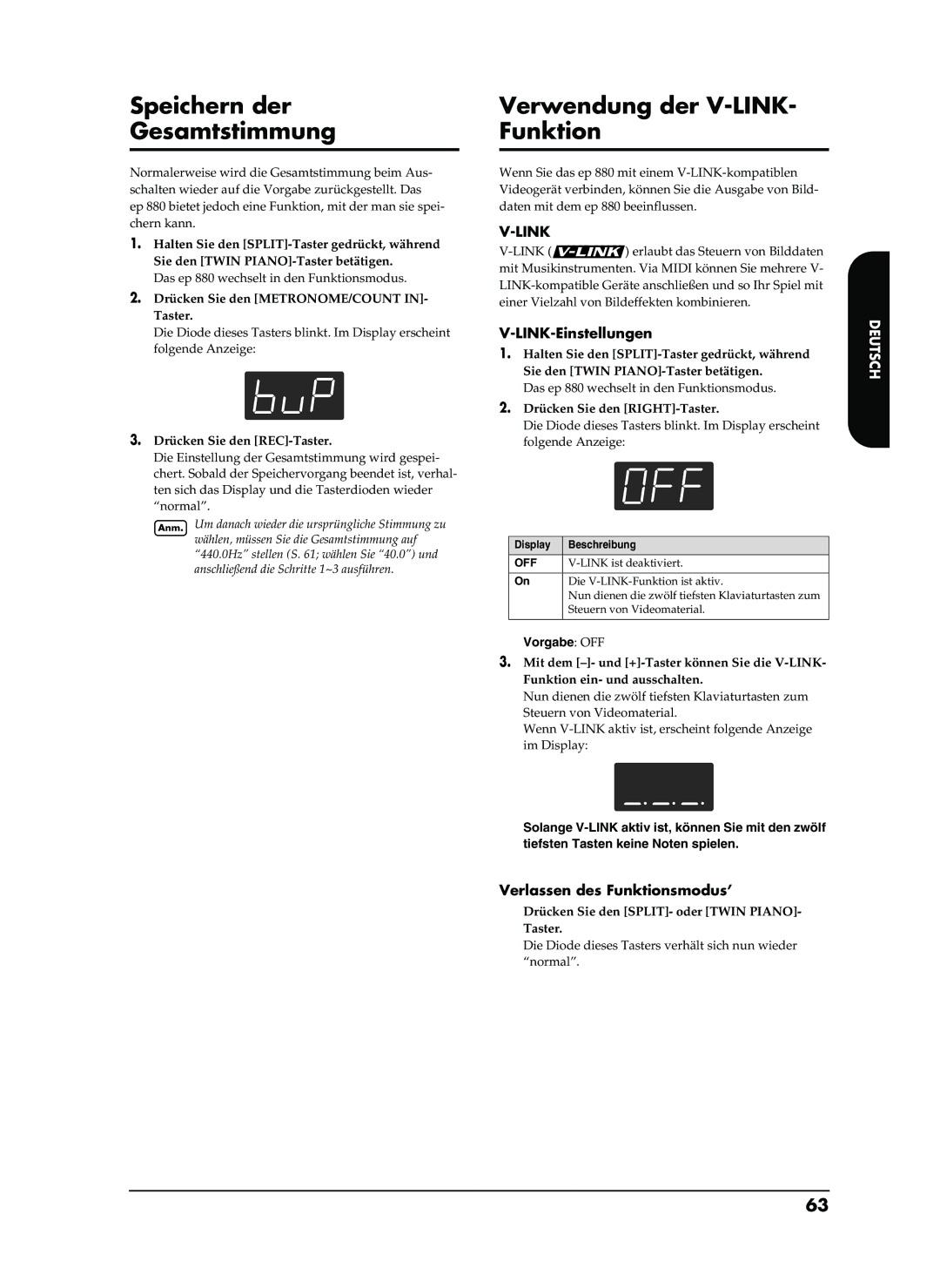 Roland EP-880 owner manual Speichern der Gesamtstimmung, Verwendung der V-LINK- Funktion, LINK-Einstellungen 