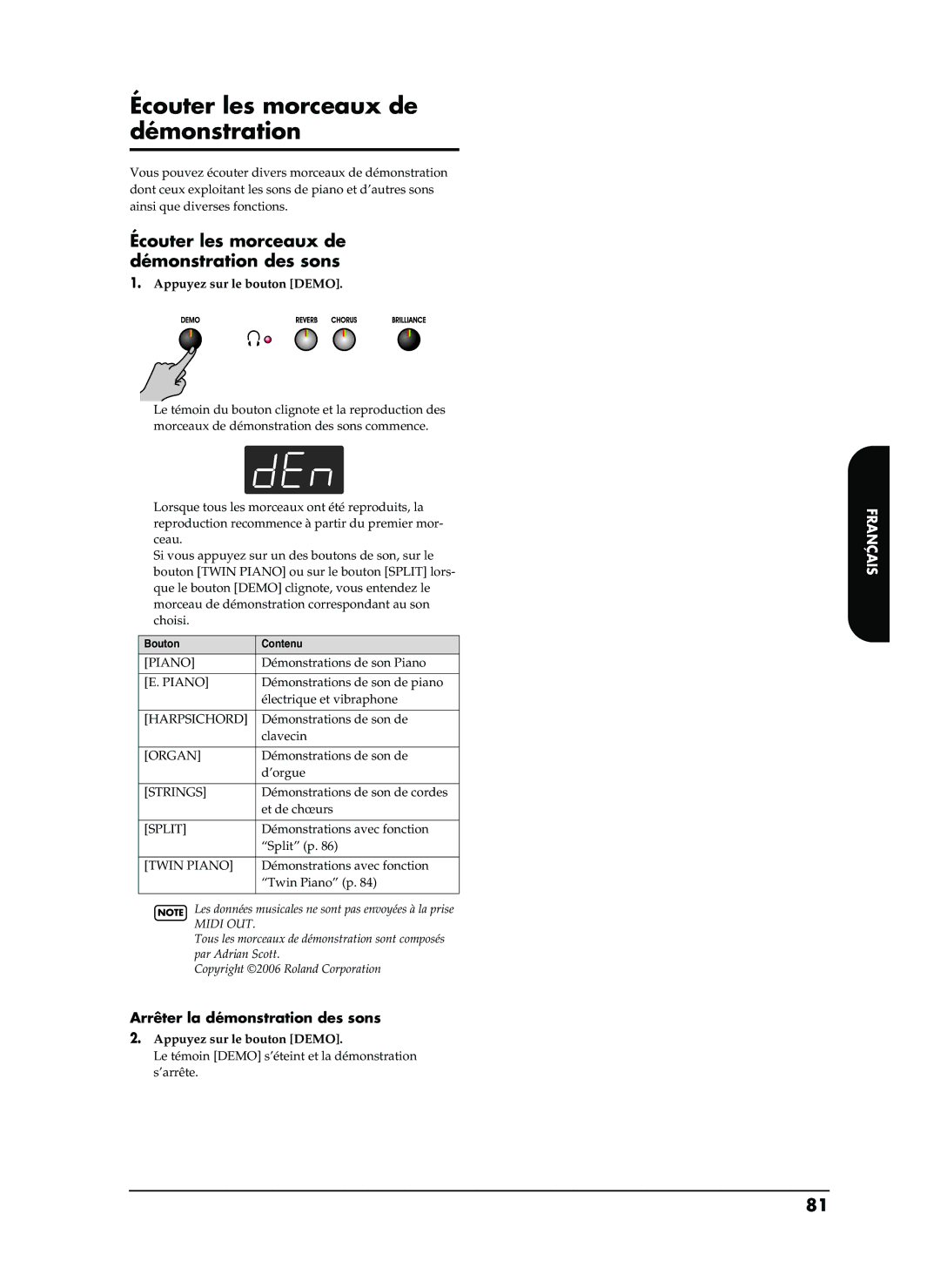 Roland EP-880 owner manual Écouter les morceaux de démonstration des sons, Arrêter la démonstration des sons 