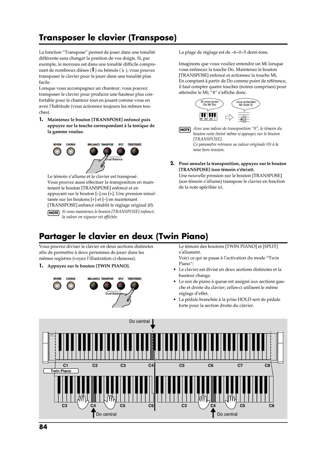 Roland EP-880 Transposer le clavier Transpose, Partager le clavier en deux Twin Piano, Appuyez sur le bouton Twin Piano 