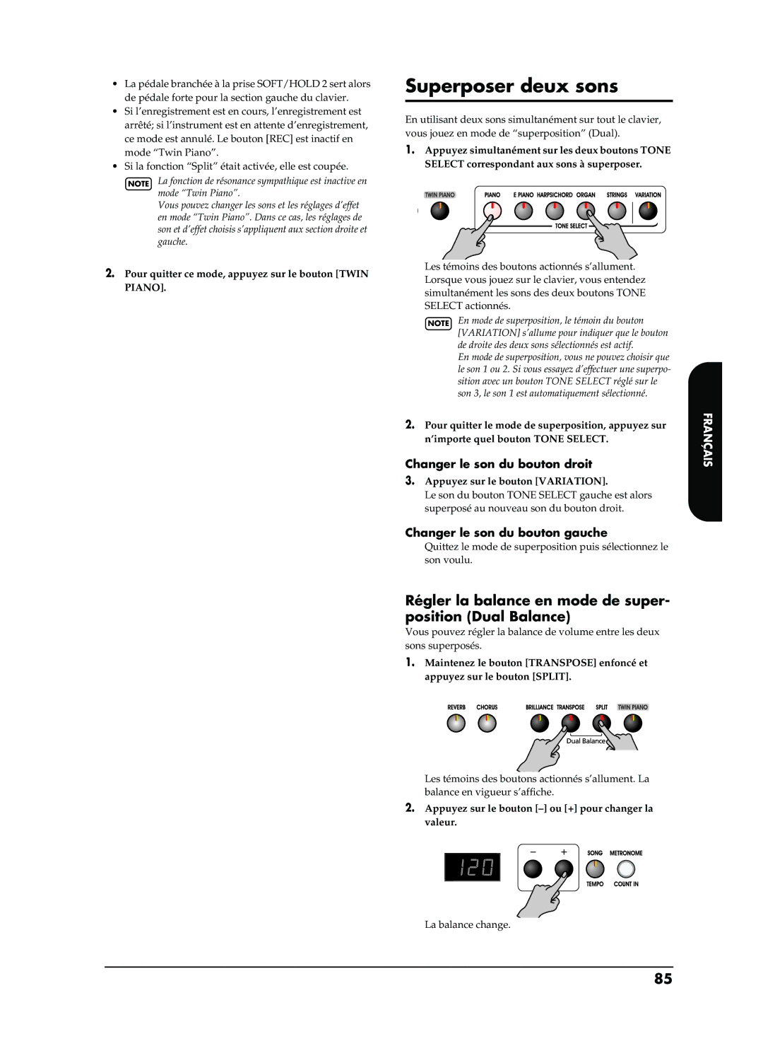 Roland EP-880 owner manual Superposer deux sons, Régler la balance en mode de super- position Dual Balance 