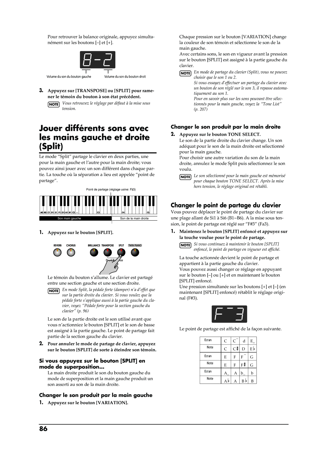 Roland EP-880 Jouer différents sons avec les mains gauche et droite Split, Changer le point de partage du clavier 