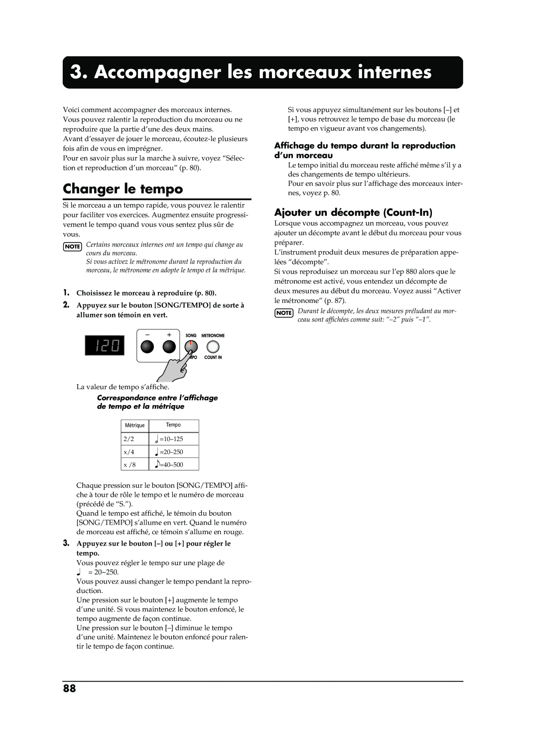 Roland EP-880 owner manual Accompagner les morceaux internes, Changer le tempo, Ajouter un décompte Count-In 