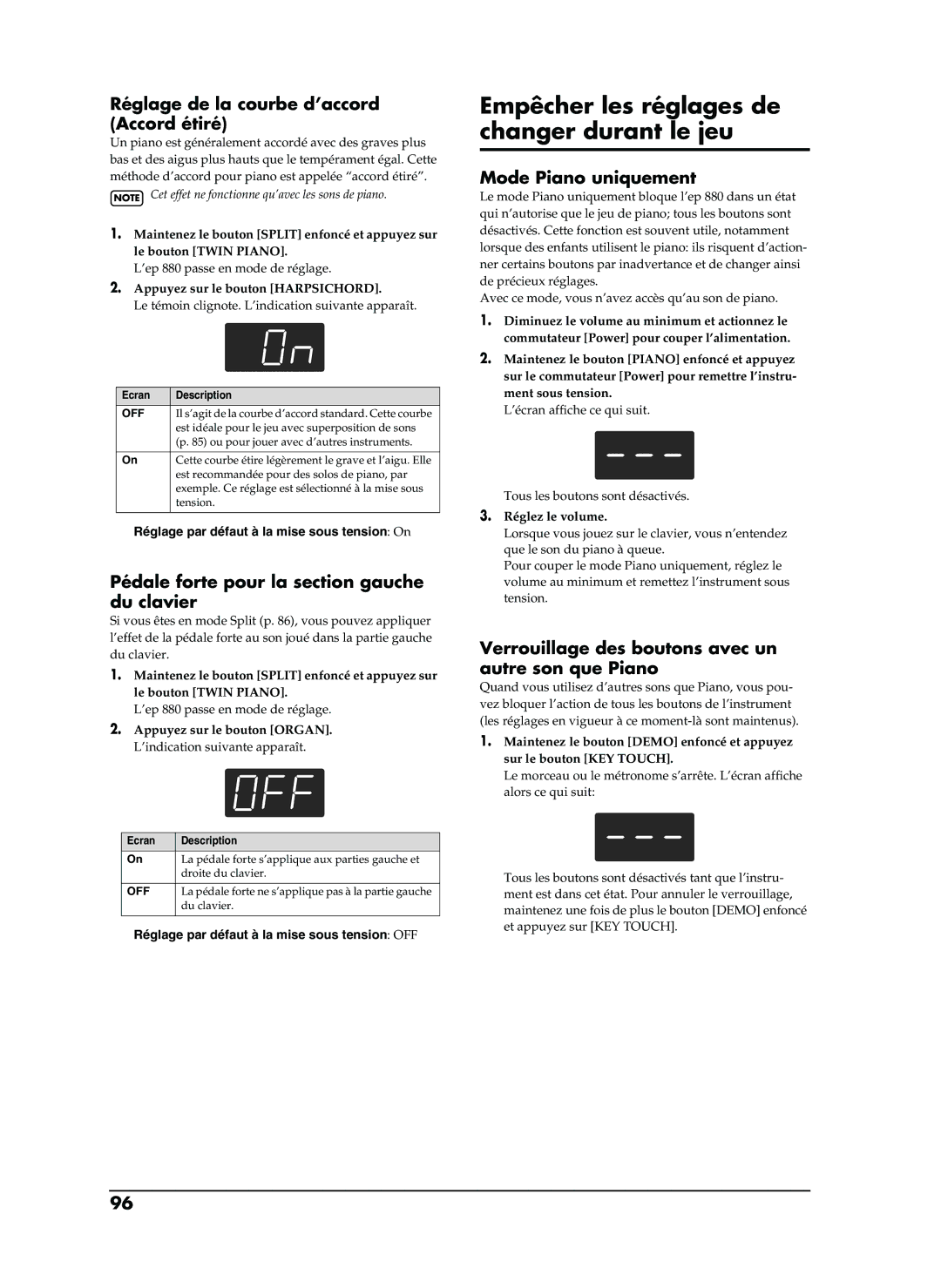 Roland EP-880 owner manual Empêcher les réglages de changer durant le jeu, Réglage de la courbe d’accord Accord étiré 