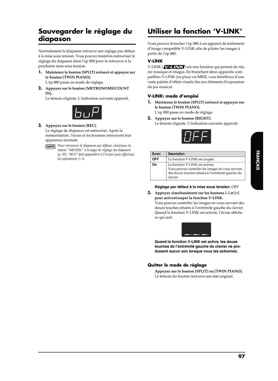 Roland EP-880 owner manual Sauvegarder le réglage du diapason, Utiliser la fonction ‘V-LINK’, Link mode d’emploi 