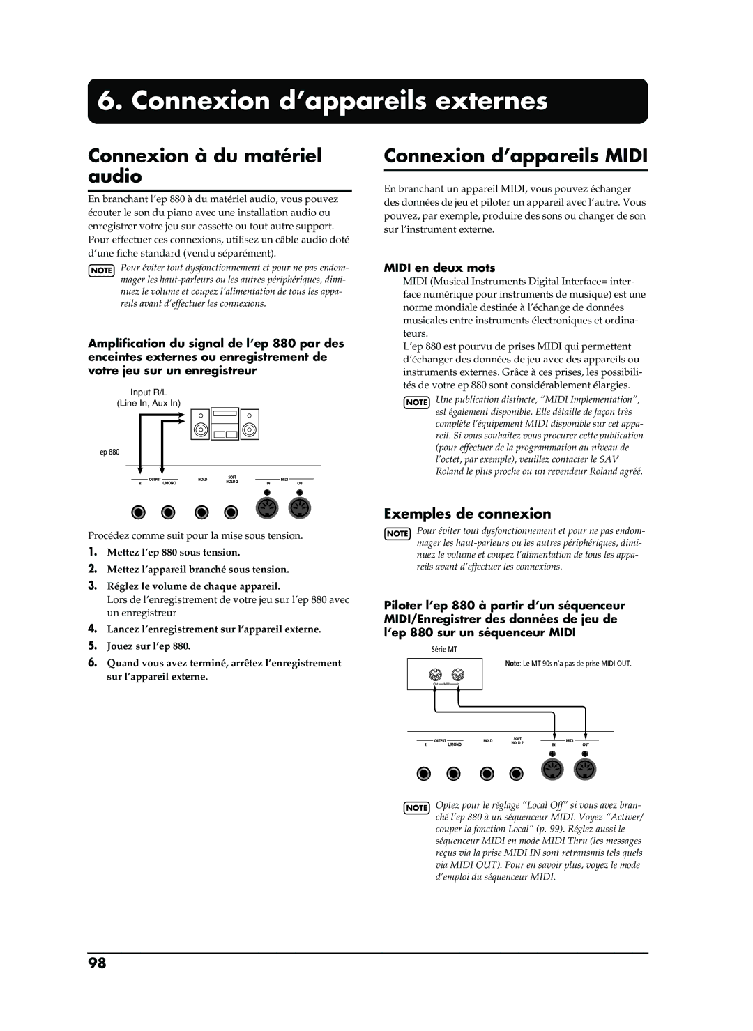 Roland EP-880 Connexion d’appareils externes, Connexion à du matériel audio, Connexion d’appareils Midi, Midi en deux mots 