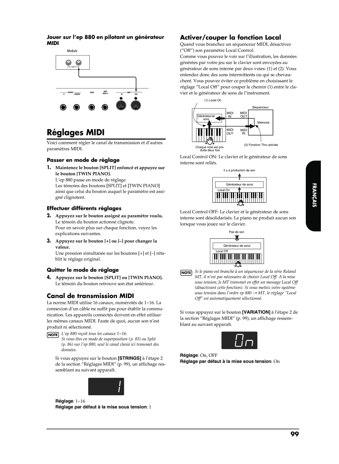 Roland EP-880 Réglages Midi, Canal de transmission Midi, Activer/couper la fonction Local, Effectuer différents réglages 